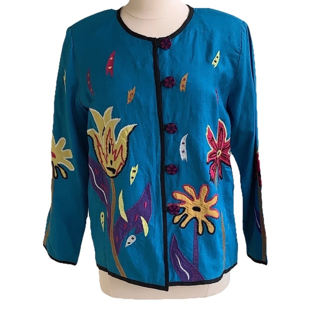 NEW Indigo Moon Linen Blend Blazer Jacket  Embroidered S Blue Flower Artsy